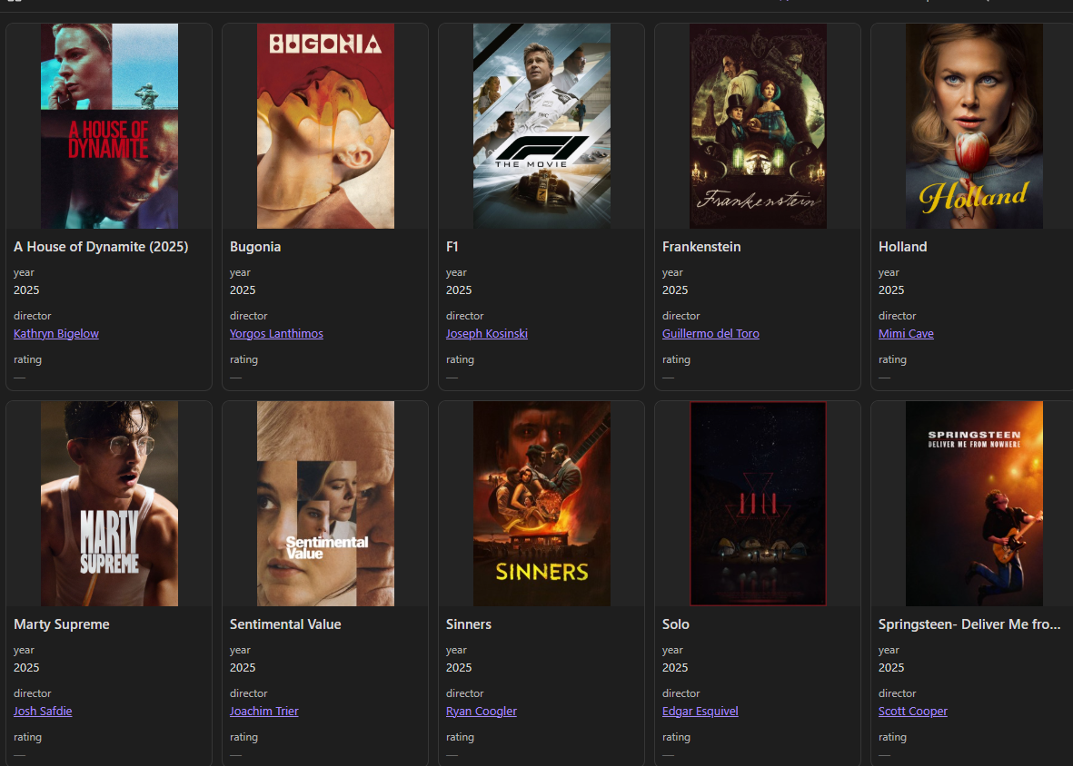 My movies base in Obsidian — each film is a note with structured metadata